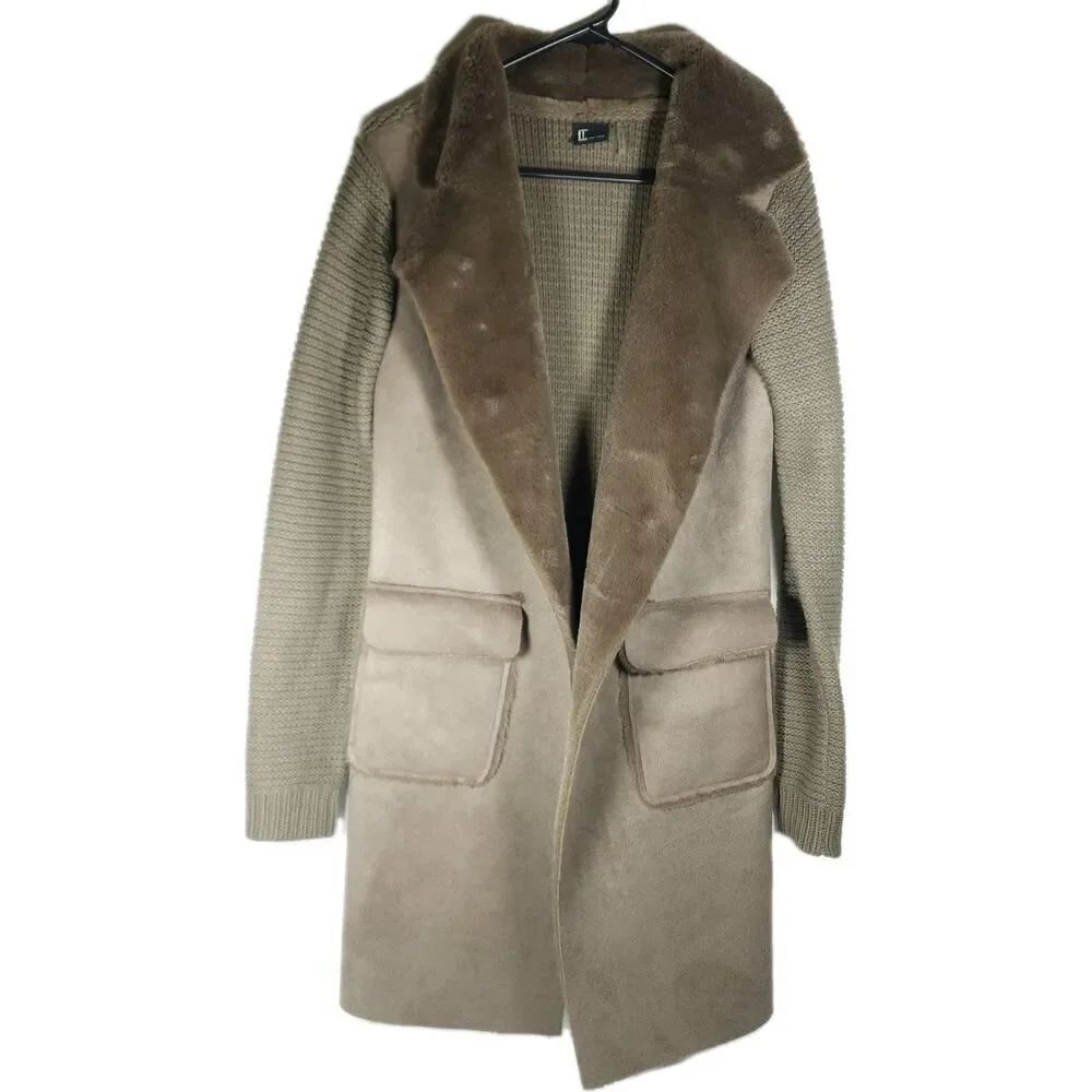 Love Token Women's Harlow S Brown Faux Fur Wide Collar Knit Trench Jacket Coat